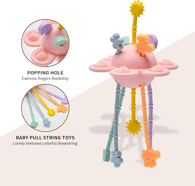 Montessori Sensory Toys for Babies,Silicone Teething Toys Pull String Baby Toy 6-12-18 Months (Pink)