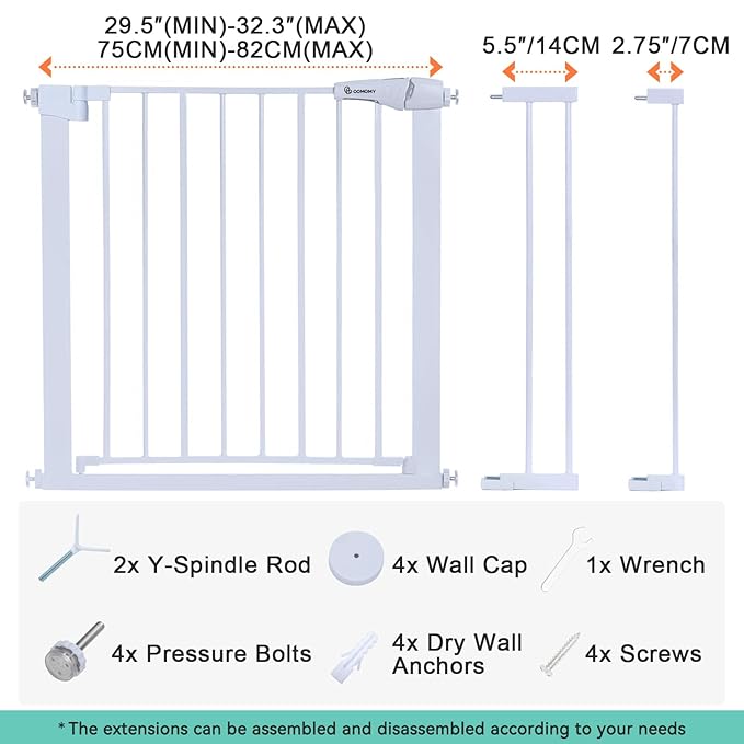 COMOMY 30" Tall Baby Gate for Stairs Doorways, Fits Openings 29.5" to 40.5" Wide, Auto Close Extra Wide Dog Gate for House, Pressure Mounted Easy Walk Through Pet Gate with Door, White