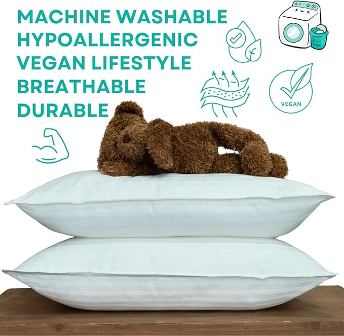 kinder Fluff Children Pillows (2X) - The Only Twin Pillows for Kids 300T Cotton Shell & Down Alternative Fill - Ideal for Travel, Bedding Set & Floor Cushions (16x24in - White)