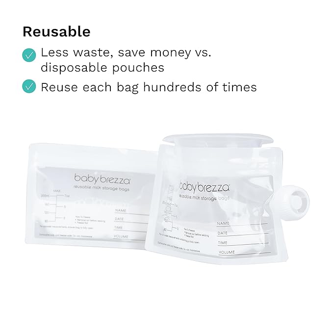 Baby Brezza Reusable Breastmilk Storage Bags, 10 Pack, Includes Filling Funnel