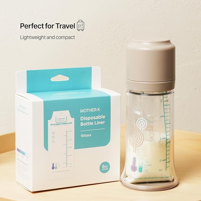 MOTHER-K Disposable Baby Bottle Liner, Must-Have Baby Travel Essentials, BPA Free & Anti-Colic (8oz, 100pcs)
