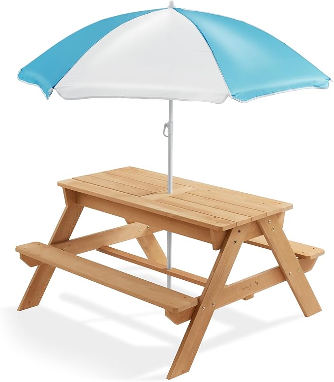 Casafield Children's Sand and Water Activity Table, 3-in-1 Wooden Outdoor Picnic Table with Umbrella, 2 Play Boxes and Removable Lid, Natural