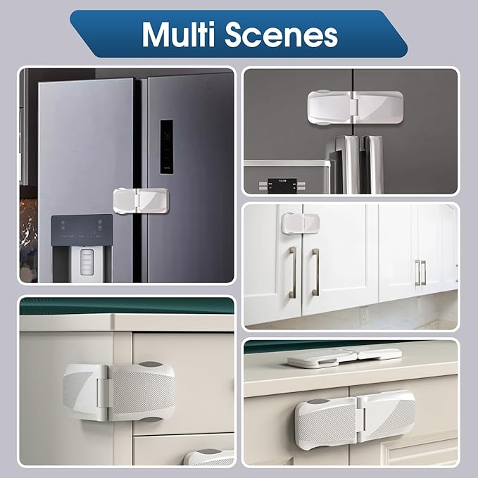 2 Pack Cabinet Locks Baby Proofing, QYESWHSR Fridge Locks for Kids with 3M Adhesive Pad, Child Proof Cabinet Locks French Door Refrigerator Freezer Lock RV Refrigerator, Oven Lock Easy Use (White)