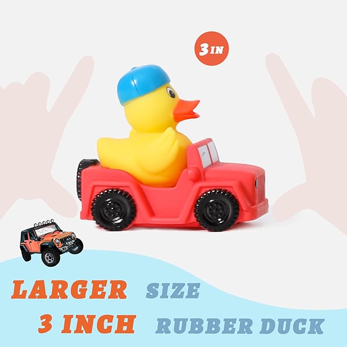 XY-WQ 24 Pack Jeep Rubber Ducks - 3" Bulk Floater Ducks for Kids - Vehicle Shaped - Baby Bath Toy Assortment - Party Favors, Birthdays, Bath Time & More (8 Varieties)