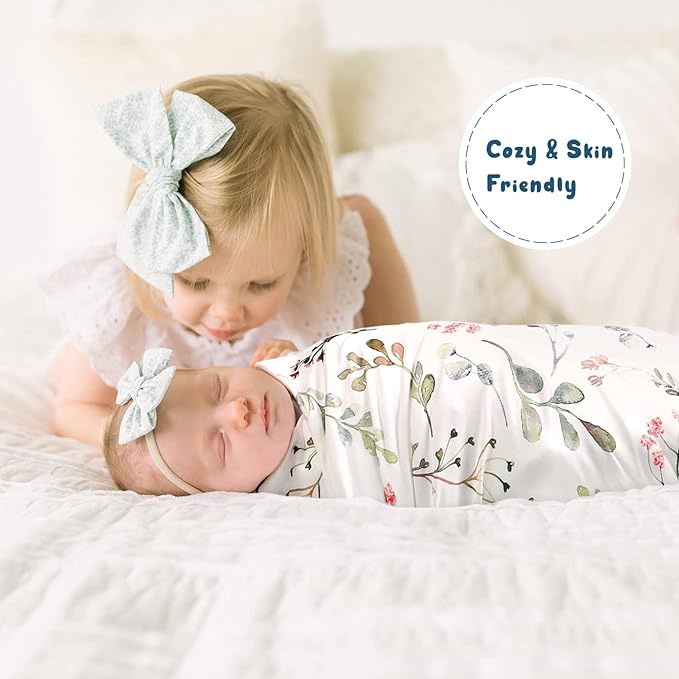 GRSSDER Baby Blankets 2 Pack Super Soft Jersey Knit Swaddle Blankets for Baby Girls and Boys, Double Layer Receiving Blankets 34 x 44 Extra Large for Swaddling, Leaves & Daisy
