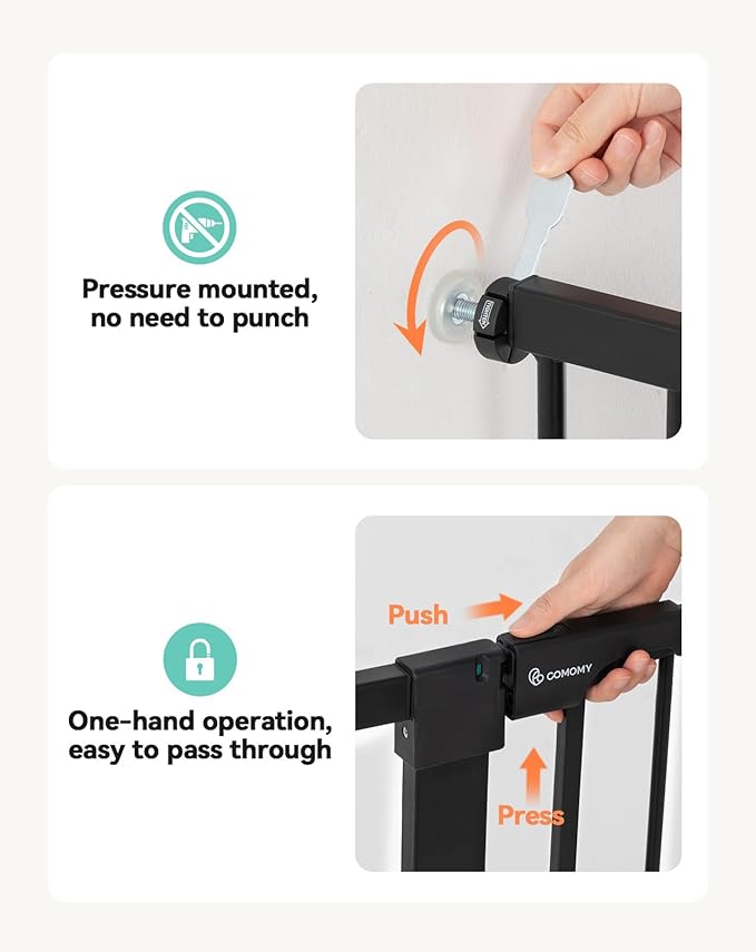 COMOMY 36" Extra Tall Baby Gate for Stairs Doorways, Fits Openings 29.5" to 46" Wide, Auto Close Extra Wide Dog Gate for House, Pressure Mounted Easy Walk Through Pet Gate with Door, Black