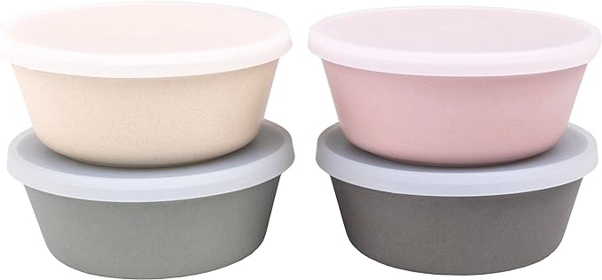 WeeSprout Bamboo Kids Bowls with Lids, Set of Four 10 oz Kid-Sized Dinnerware, Cereal, Leftovers & Snack Bowl, Dishwasher Safe (Pink, Green, Gray, & Beige)