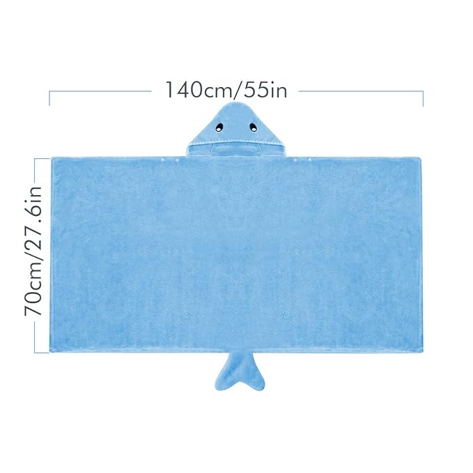 ROMASA Toddler Hooded Bath Towel Ultra Soft Towel Highly Absorbent Bathrobe Blanket for Boys Girls- 27.5" x 55"(Blue Shark-Shape)