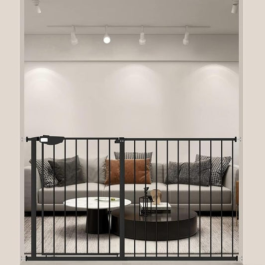 WAOWAO Triple Lock Baby Gate Extra Wide 53.93-57.87" Pressure Mounted Walk Through Swing Auto Close Safety Black Metal Dog Pet Puppy Cat for Stairs,Doorways,Kitchen