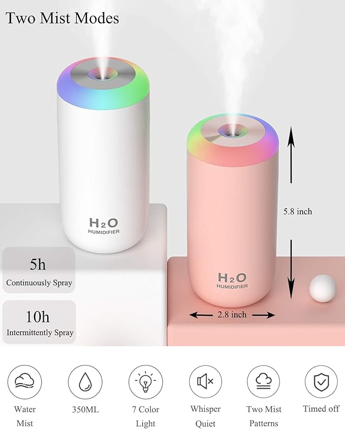Mini Humidifier, 350ml Small Humidifier for bedroom, desk, portable, travel, plant (Pink)