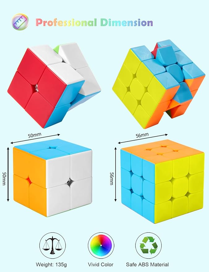 Roxenda Speed Cube Set, Speed Cube Bundle of 2x2x2 and 3x3x3 Cube Smoothly Magic Cube Collection for Kids Teens & Adults [2 Pack] (Stickerless)