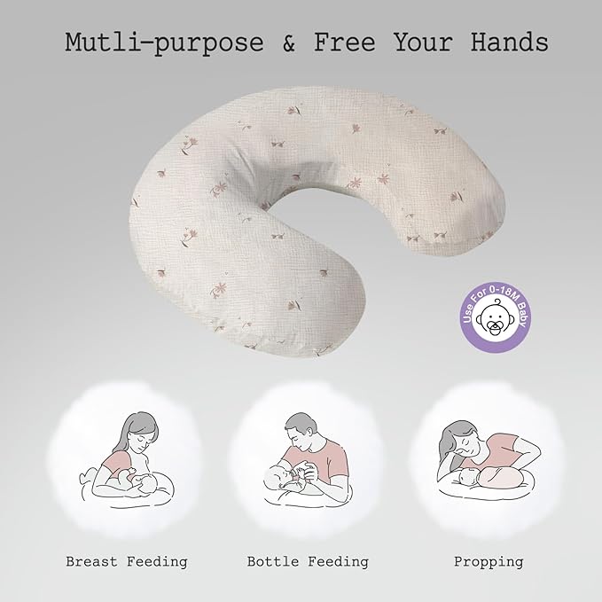 Little Grape Land Nursing Pillow, Soft 100% Cotton Breastfeeding Pillow with Breathable Muslin Cotton Removable Cover, Fog Flower Breast Feeding Pillows for Babies 0-12 Months with Protective Zipper