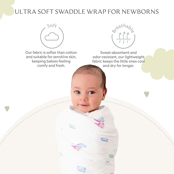 Muslin Baby Swaddle - Breathable Receiving Blankets for Newborn Baby, 70% Viscose derived from Bamboo, 30% Spandex, Imported