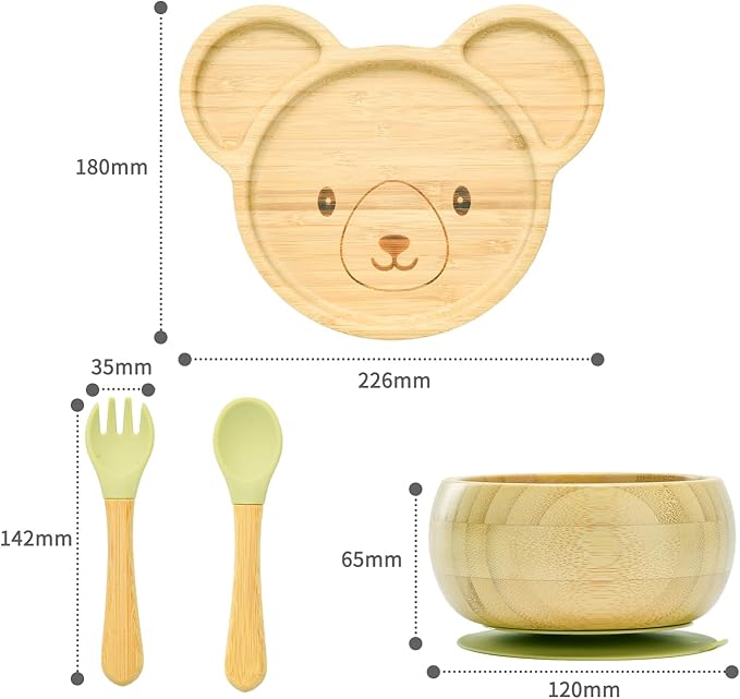 Bamboo Suction Plates Bowls Setfor Baby Toddler Divided Platter Food bowl with Silicone Fork & Spoon All-Natural Baby Feeding Set, Kids Feeding Essentials