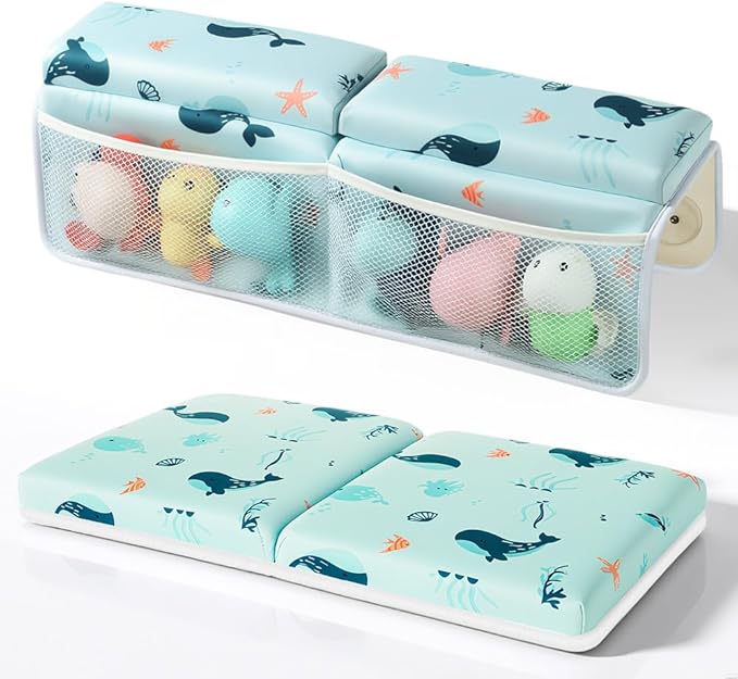 SKEFOLI Baby Bath Kneeler and Elbow Rest Pad Set,1.5" Thick Baby Bath Kneeler Pads with Toys Organizer, Pads to Support The Arm, Essentials, Ideal Kneeling Pad for Bathing