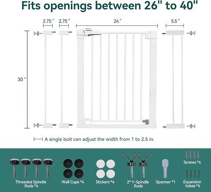 Babelio Baby Gate for Doorways and Stairs, 26''-40'' Auto Close Dog/Puppy Gate, Easy Install, Pressure Mounted, No Drilling, fits for Narrow and Wide Doorways, Safety Gate w/Door for Child and Pets