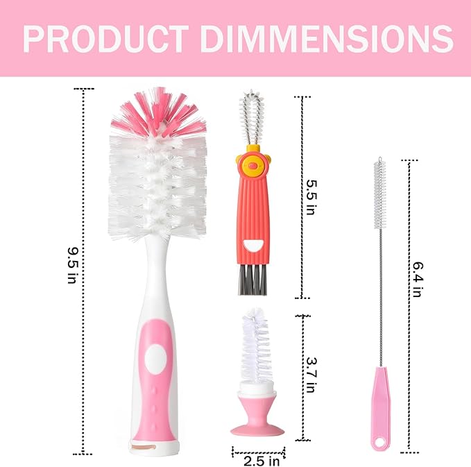 Baby Bottle Brush Set 4 in 1, Baby Bottle Cleaner, with 1P Nylon Bottle Brush, 1P Bottle Cap Brushes, 2P Straw Brushes, Bottle Brush with Nipple Cleaner and Suction Cup, BPA-Free(Pink)