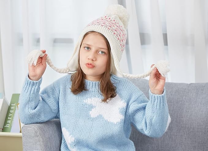 Moon Kitty Girls Knit Hats Winter Fleece Lining Skiing Winter Caps with Warm Ear Flap