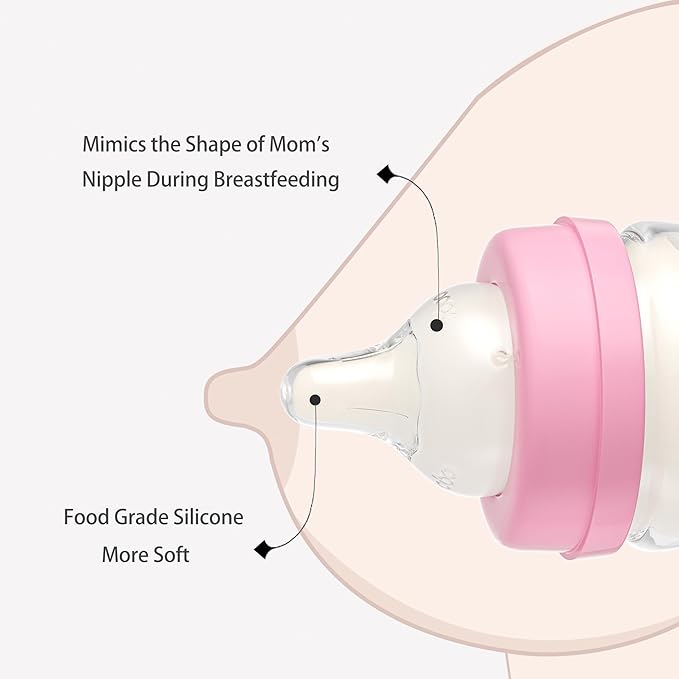 YOHKOH Glass Baby Bottles with Slow Flow Nipple, Newborn Anti-Colic Baby Bottles for 0+ Months, Wide Neck Feeding Bottle, Clear (Red, 5oz (Pack of 2))