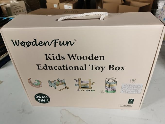 Wooden Toys for Kids, 5 in 1 Learning Educational Set (Includes Rainbow Stacker, Hammering Pounding, Race Track, Tumbling Tower Blocks, Alphabet Writing)- Gift for Boys Girls