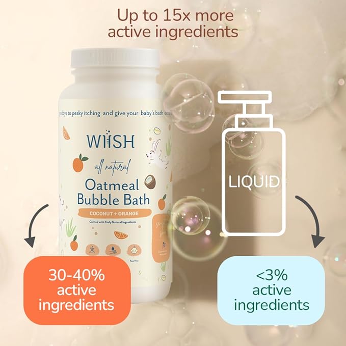 WIISH Baby Oatmeal Bubble Bath - Baby Bubble Bath for Sensitive Skin with 30% Colloidal Oatmeal | Orange + Coconut | Healing Ingredient, Soothing Itchiness, Rashes, Dryness 16 oz(260g)