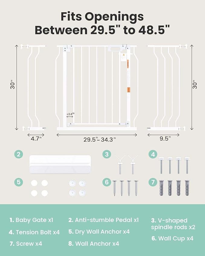 Mom's Choice-GROWNSY Baby Gate for Stairs, 29.5"-48.4" Pressure Mounted Baby Gate for Top of Stair&Doorway with V-Shaped Rods, Anti-Trip Pedal, Extra Wide Stairs Dog Gate Easy Install w/Red Reminder