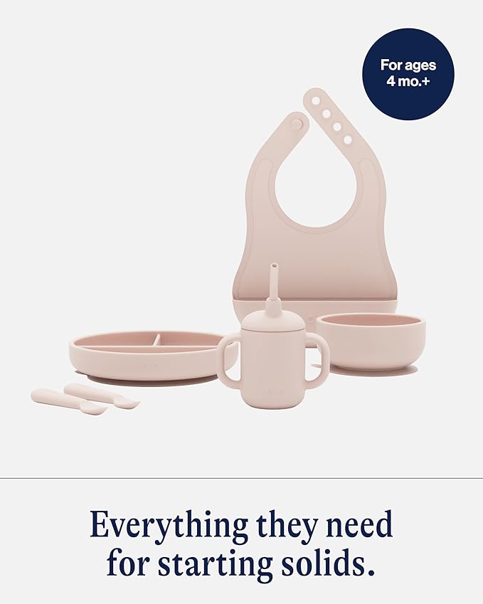 Lalo First Bites Silicone Baby Feeding Set - Baby Led Weaning Supplies - Non-Toxic Silicone - Includes 1 Bib, 2 Spoons, Training Cup, Suction Plate and Bowl - 6 Pieces - Grapefruit