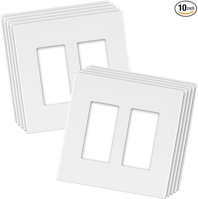 LIDER Matte Finish Double Decorator Switch Cover, Screwless Wall Plate, Mid-Size 2-Gang 4.88" x 4.92", Unbreakable Polycarbonate Thermoplastic, UL Listed, LSWP-32M-W10P, White, 10 pack