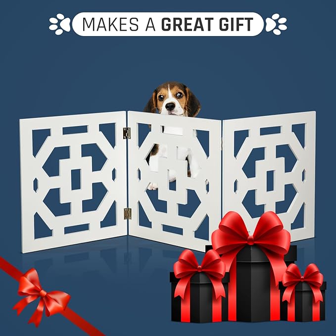 Bundaloo Freestanding Dog Gate Expandable Decorative Wooden Fence for Small to Medium Pet Dogs, Barrier for Stairs, Doorways, & Hallways