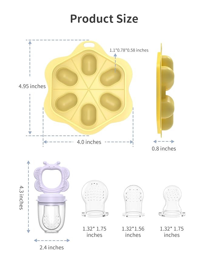 Silicone Baby Fruit Food Feeder (2 Pack) with Freezer Nibble Tray, Breastmilk Popsicle Molds for Baby Teething Relief, Feeder for Safe Infant Self Feeding, BPA Free, Dishwasher Safe (Yellow)