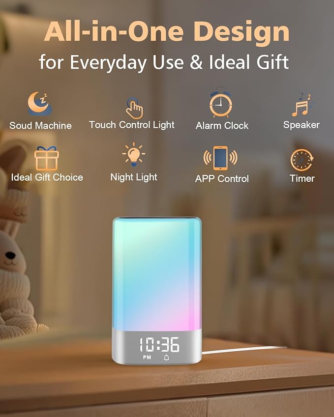 Sound Machine White Noise Machine with 32 Soothing Sounds, Bluetooth Speaker, Alarm Clocks for Bedrooms with Wake up Light, Night Light for Kids, App Control Birthday Gifts for Women, Teen Girls, Boys