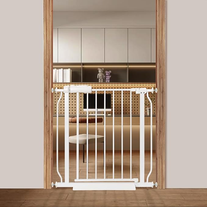 Narrow Baby Gate or Doorways No Drill 29.13-33.86 Inch,Pressure Mounted Metal Child Gates for Wide Openings,Walk Through Pet Gate Indoor Auto Close,White