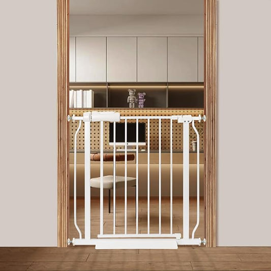 Narrow Baby Gate or Doorways No Drill 29.13-33.86 Inch,Pressure Mounted Metal Child Gates for Wide Openings,Walk Through Pet Gate Indoor Auto Close,White