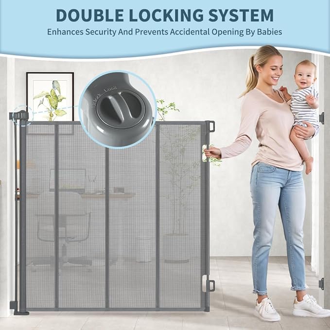 47” Extra Tall Retractable Baby Gate, Reinforced Mesh Dog Gate Extends to 59" Wide, Baby Gate for Stairs, Doorways, Hallways, Indoor and Outdoor, Grey