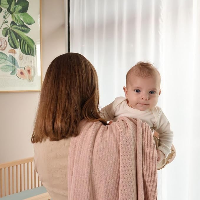 Knitted Organic Cotton Baby Blanket- Swaddle Blanket, 30" x 40" Soft Receiving Blanket for Newborn (Ribbed-Blush)