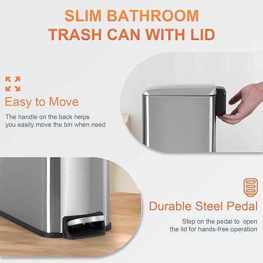 PayLessHere 1.3 Gallon Trash Can Kitchen Trash Can Stainless Steel Garbage Can with Removable Plastic Inner Bucket Lid Foot Pedal for Home Kitchen Bedroom Bathroom (2, Stainless Steel)