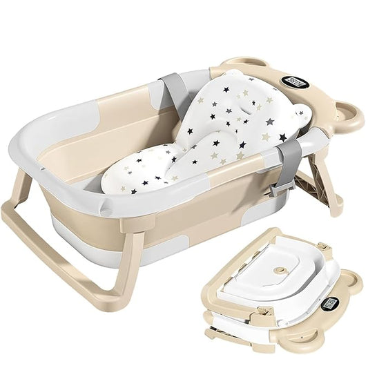 TPN Collapsible Baby Bathtub, Baby Bath Tub with Soft Cushion & Real-Time Thermometer, Baby Bathtub Infant to Toddler Tub (0-36 Months), Portable Travel Baby Tubs for Newborns (Beige)