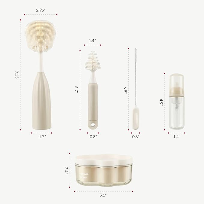 Baby Bottle Brush Kit with Push-Press Bubble and Drying Rack for Bottle Cleaning, Bendable Bottle Cleaner Brush for Baby Bottles, Breast Pumps, Nipples, Straws and More. Perfect for Home&Travel