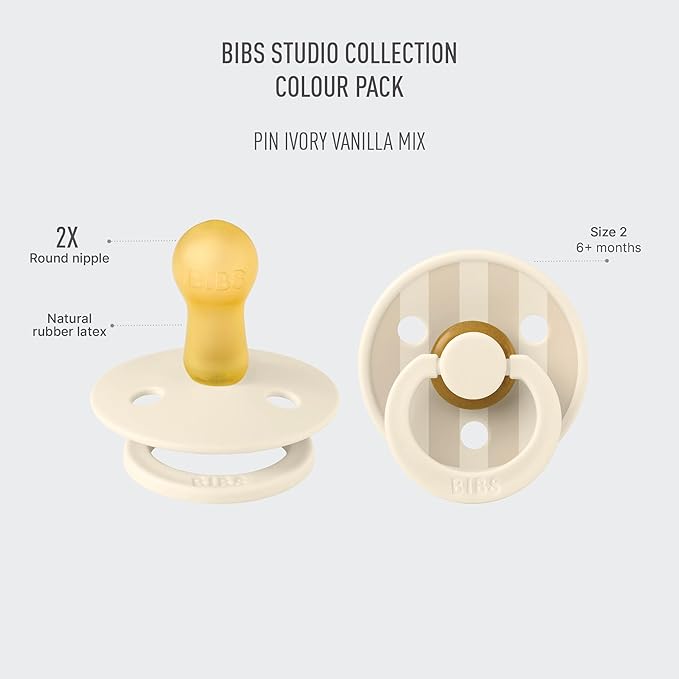 BIBS Pacifiers - Studio 2 Pack | Round Nipple Baby Pacifier | BPA Free Natural Rubber Latex Soother | Made in Denmark | Size 6+ Months | Pin Ivory Vanilla
