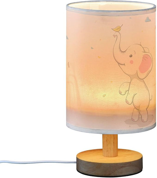 Table Lamp Cute Elephant Baby Play Autumn Leaves Rain Cloud Cartoon Animal Nightstand Lamp with Wood Base Fabric Lamp Shade Bedside Desk Lamp for Living Room Bedroom Kids Room Office