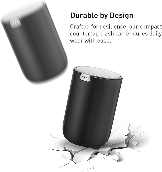EKO Mini Desk Trash Can with Swing-Top Lid 0.4 Gallon Small Table Round Wastebasket for Office, Home, Car (Black)