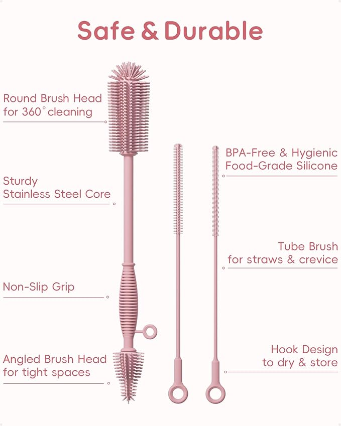 Silicone Cleaning Brush Kit,Water Bottle and Straw Cleaner Brush Set for Tumbler,Baby Bottle,Breast Pump Part,Nipple,Sippy Cup,Glass,Dishwasher Safe,BPA Free,3 Pcs