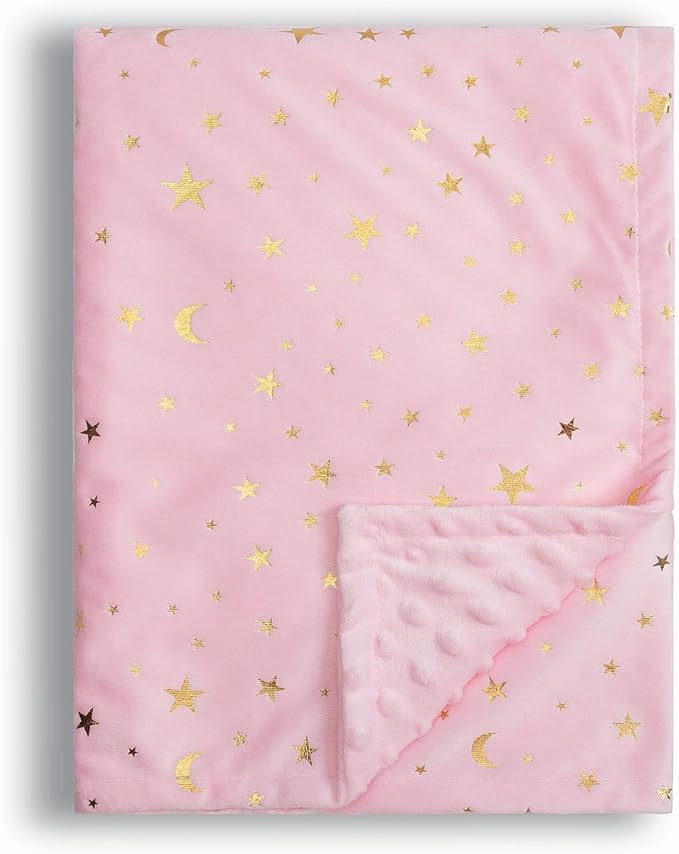 Baby Blanket for Boys Girls Soft Minky with Double Layer Dotted Backing, Star and Moon Printed 30 x 40 Inch Receiving Blanket (Pink)