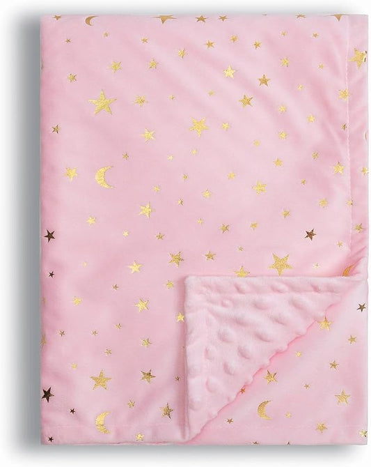 Baby Blanket for Boys Girls Soft Minky with Double Layer Dotted Backing, Star and Moon Printed 30 x 40 Inch Receiving Blanket (Pink)