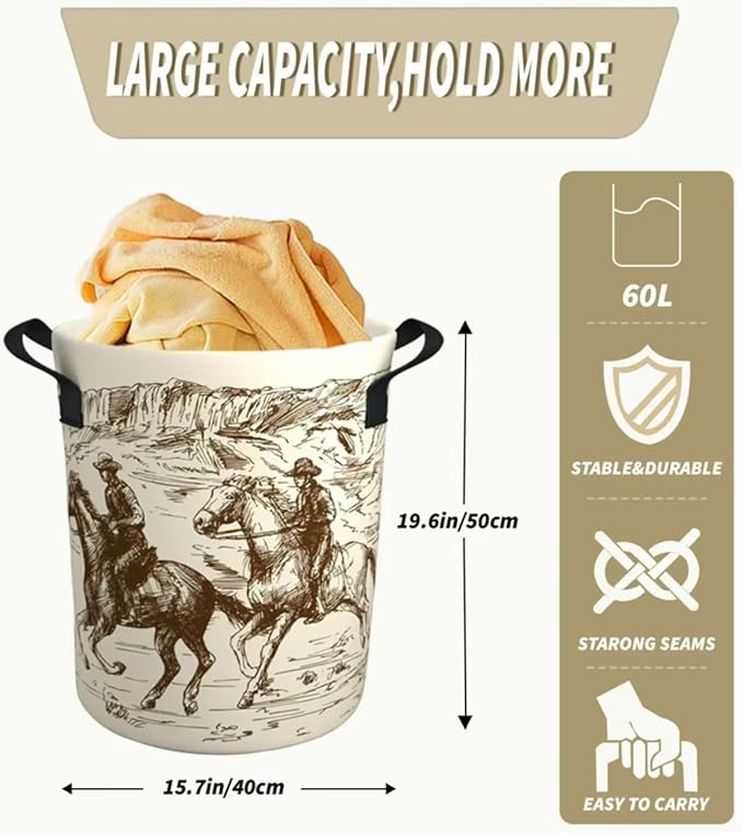 Western Cowboy Laundry Basket Gifts for Boys, Boys' Room Decor Baby Nursery Hamper Western Room Decor 19.6x15.7 Inch