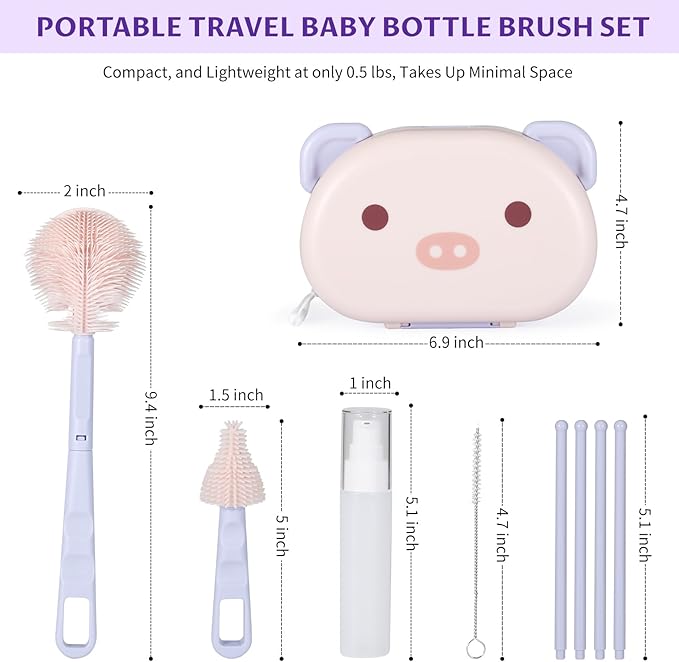 VOOWO Baby Bottle Brush & Drying Rack, Portable Travel Kit - Silicone Bottle & Nipple Brush Set, Straw Cleaner (Purple)