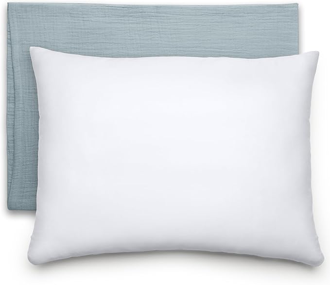 Comfy Cubs Toddler Pillow with Muslin Pillowcase, 13 x 18 in - Travel and Sleep Support for Kids - Lightweight, Breathable Microfiber Fill - Soft and Cozy Small Pillow for Toddlers - Pacific Blue