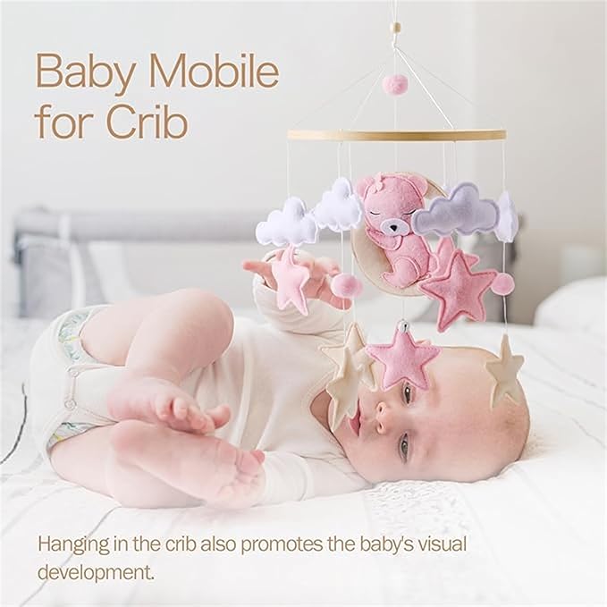Baby Crib Mobile - Pink Bear Mobile for Crib, Felt Cloud Nursery for Boys and Girls - for Infant Bedroom Hanging Decoration