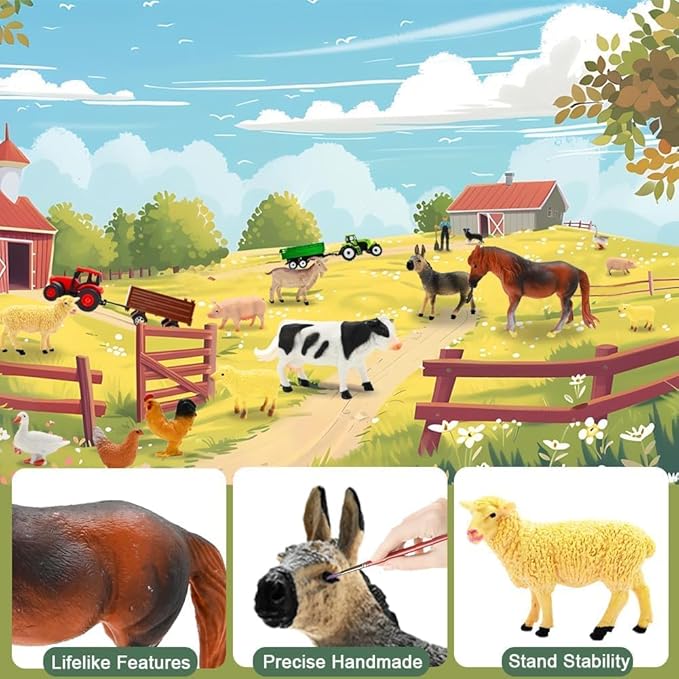 Farm Animal Figures Toy, Realistic Plastic 2 Farm Truck Playset with Trailer, Farmer Fence Storage Box, Christmas Birthday Easter Gift for Kids 3-8