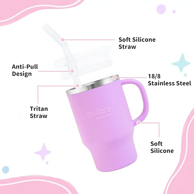 Bella's Friends Handy Mini Tumbler – Adorable 9 oz Sippy Cup for Toddlers 1-3 years old, Flexible Straw, Stainless Interior & Silicone Body, Leak‑Proof, Dishwasher Safe, Ideal for Travel or At Home